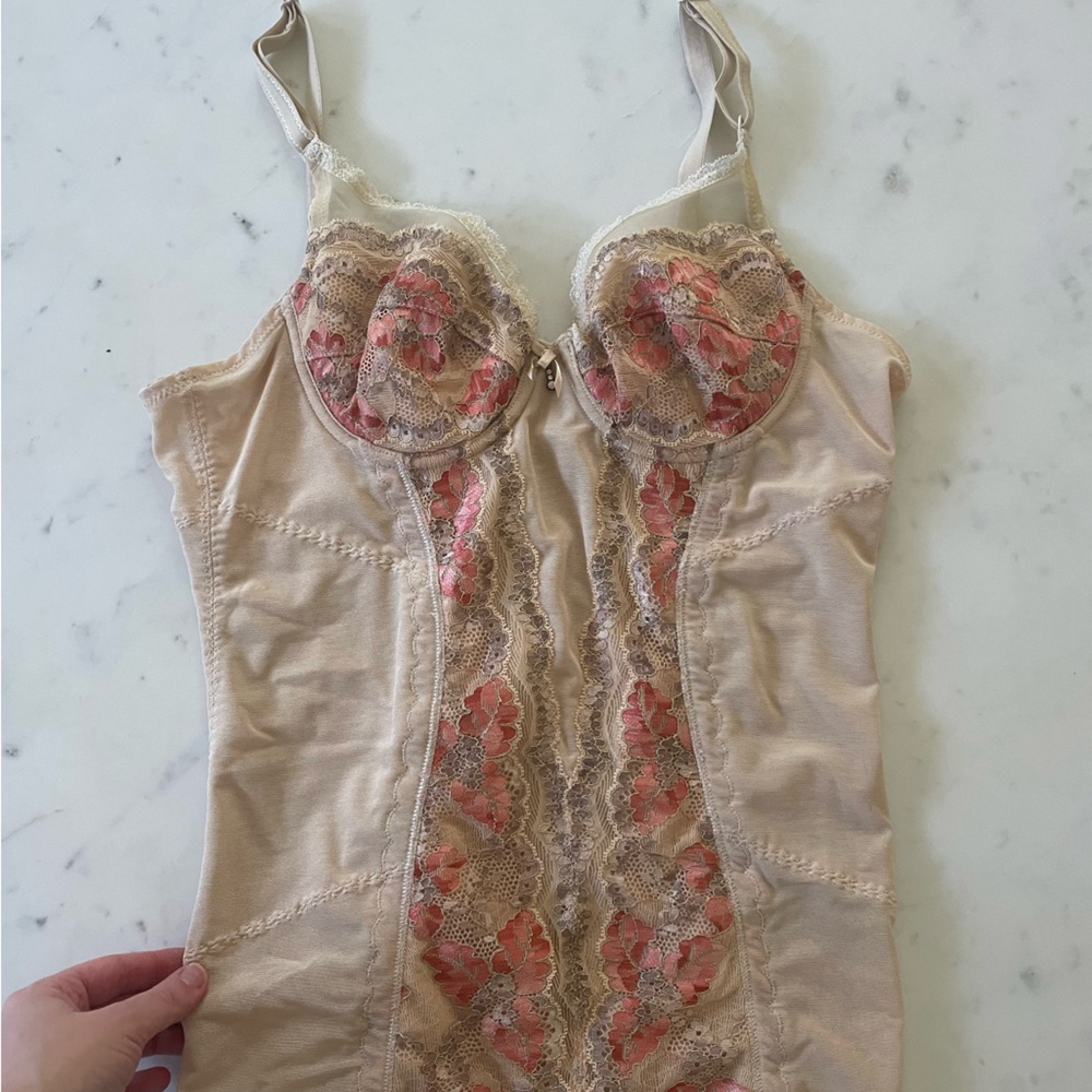 Elegant Lace Trimmed Beige and Pink Chemise